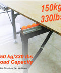 Rock Solid Adjustable Roller Stand Support Two Pack Heavy Steel Frame with smooth rollers showing 150kg load capacity.