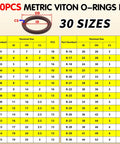 Viton O Ring Kit 390 Piece Set With 30 Sizes Metric Assortment chart showing dimensions and quantities for high temperature FKM seals.