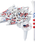 Plastic Golf Tees Value Pack Of Fifty With Forty Tees In Three And A Quarter Inch Length And Ten Short Tees In One And A Half Inch For Irons Hybrids And Par Threes Stars And Stripes USA Flag Design Made In The USA, showing white tees with patriotic design.