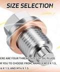 Magnetic Oil Drain Plug Kit with stainless steel plug and copper washer, thread size M14 x 1.5 displayed, part of leak proof setup