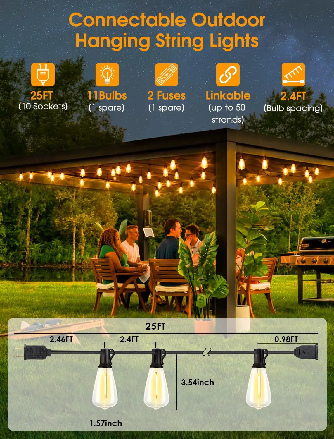 25 Ft Outdoor String Lights For Patio - Weatherproof ✓