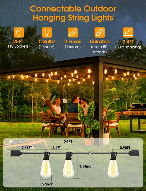 25 Ft Outdoor String Lights For Patio And Garden, Dimmable, Weatherproof And Shatterproof ST38 Edison Bulbs hanging on a gazebo