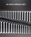 Heavy Duty 30 Piece Ratcheting Wrench Set With 72 Tooth Fast Grip Teeth Complete Metric And Sae Combo Wrenches laid out in order.