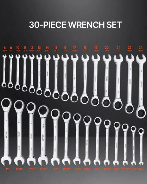 Heavy Duty 30 Piece Ratcheting Wrench Set With 72 Tooth Fast Grip Teeth Complete Metric And Sae Combo Wrenches laid out in order.