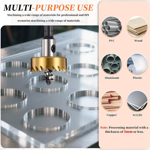 13mm Hole Saw Set For Thin Metal Plastic And PVC Boards High Speed Steel Cutter 4241 in action cutting circles in metal sheet