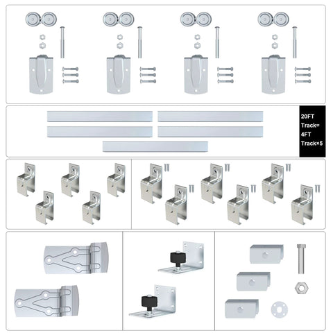Heavy Duty Outdoor Sliding Barn Door Hardware Kit Made From Galvanized Steel With Anti Corrosion Finish, 450 Lbs Capacity components layout