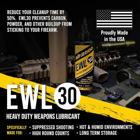 EWL30 Buddy Pack Extra Thick Synthetic CLP Lubricant For High Heat Environments with needle tip, firearm and tools in the background.