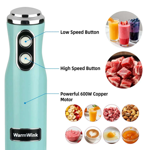 600W 4-In-1 Corded Immersion Blender Handheld Kitchen Mixer With Stainless Steel Attachments showing speed buttons and food textures.