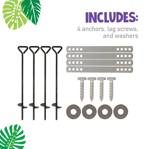 Playset Anchor Kit For Swing Sets Heavy Duty Ground Anchors with screws, washers, and metal straps for secure play equipment.