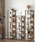 Keep Your Home Looking Fresh With This Five Tier Bookshelf, Tough As Nails Metal Standing Shelves For Tight Spaces, Rustic Brown And Black Storage Organizer That Always Delivers, showcasing three metal bookshelves with decorative items.