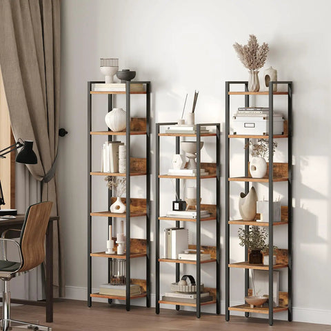 Keep Your Home Looking Fresh With This Five Tier Bookshelf, Tough As Nails Metal Standing Shelves For Tight Spaces, Rustic Brown And Black Storage Organizer That Always Delivers, showcasing three metal bookshelves with decorative items.