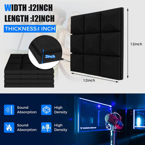 Image of 48 Pack Heavy Duty Soundproof Foam Acoustic Panels 12 X 12 Inch Wall Tiles, black foam with sound absorption features.