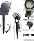 Dual Head 2W Solar Spotlight LED Outdoor Landscape Lights Waterproof Security Wall Lights for Backyard Patio Garden Auto On Off Cold White Solar Powered Easy No Wiring Installation No Fuss Setup showing dimensions and features