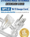Clear 3 Prong Extension Cord, 10 Ft Indoor Power Cable, 3 x 18 AWG, Male To Female, UL Certified, close-up of plug and socket