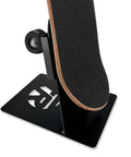 Dope Portable Skateboard Floor Stand With Dual View Display showing deck front on metal base, wall friendly storage, black