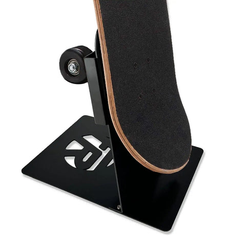 Dope Portable Skateboard Floor Stand With Dual View Display showing deck front on metal base, wall friendly storage, black
