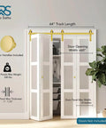 Gold Bi-Fold Barn Door Hardware Kit With Heavy Duty Metal Track System For Four Doors Includes Matching Knobs Four Rollers No Doors Included Ideal For Bifold Closet Doors Or Small Room Partitions displayed inside a room without doors; 64-inch gold track and hardware visible.