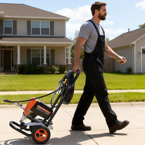 Pro Level Stand Airless Paint Sprayer Beefy 900W Motor Pushing A Solid 3300 Psi Right Off The Wheeled Cart with hose.