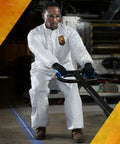 Person wearing Liquid And Particle Protection Coveralls Zip Front 2XL White With Elastic Wrists And Ankles Microporous Film Laminate
