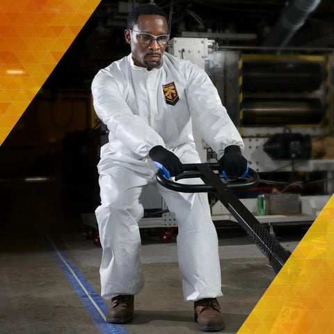 Person wearing Liquid And Particle Protection Coveralls Zip Front 2XL White With Elastic Wrists And Ankles Microporous Film Laminate