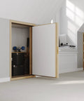 Pro Grade Solid Pine Wall Access Door With Boss Level Thermal Insulation And Crisp White Finish shows opened access to storage in a stylish room.