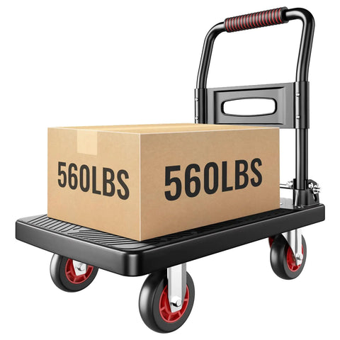 Foldable Push Cart Dolly With 560 Lb Capacity, Heavy Duty Moving Platform Hand Truck with box, 4 Inch TPR Wheels, Red Wheel