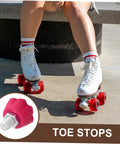 Toe Stops For Quad Skates, Rubber Roller Skate Brakes Plugs, shown on skates and as a close-up of the stoppers