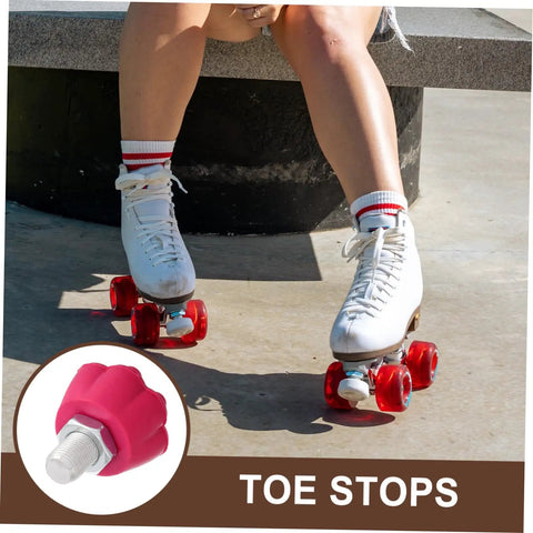 Toe Stops For Quad Skates, Rubber Roller Skate Brakes Plugs, shown on skates and as a close-up of the stoppers
