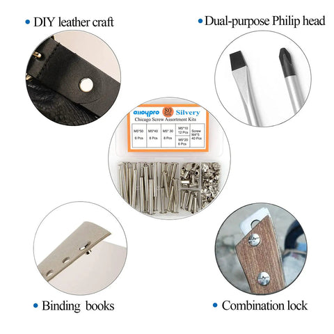 Image showing Slick Nickel Plated Chicago Binding Screws 80 Piece Assorted M5 Scrapbook Extender Post Set for leather crafting and book binding.