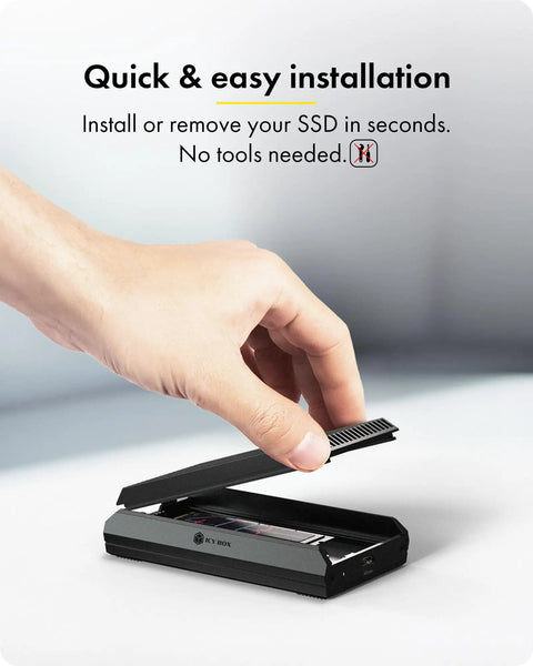 Rugged Aluminum M.2 NVMe SSD Enclosure delivering hellafast 40Gbps USB4 speeds, hand opening for quick SSD installation.
