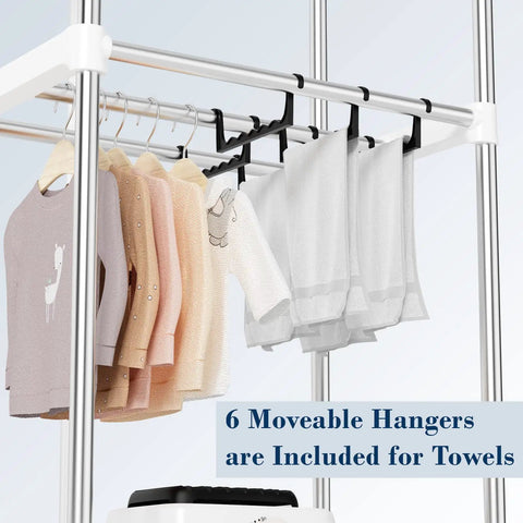 Portable Clothes Dryer With Timer, 60 Inch Laundry Wardrobe Dryer Rack For Home Easy Setup with hangers and towels shown