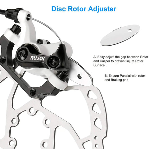 Heavy Duty Aluminum Disc Brake Kit For Road And Mountain Bikes features disc rotor adjuster, aluminum caliper and stainless steel rotor.