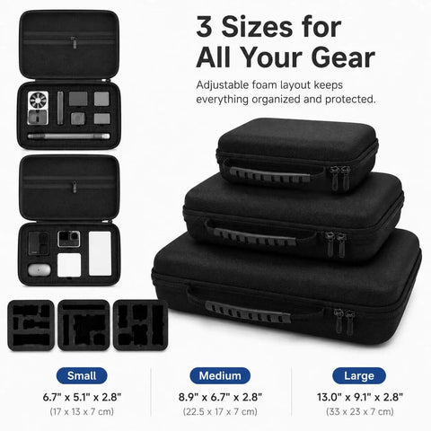 Big Time Electronics Organizer Case Featuring Hella Secure Pick And Pluck Foam Inside Plus A Beefy Semi Hard Eva Shell For Cables Adapters And Action Camera Gear Storage in three sizes.