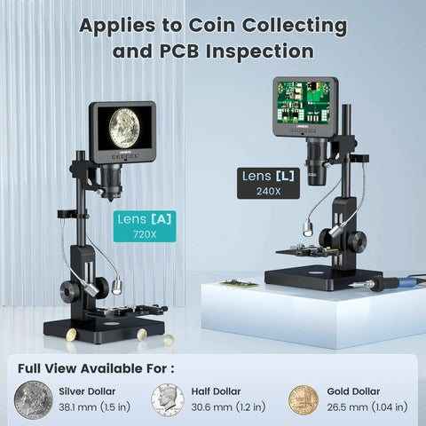Five Lens 7 Inch HDMI Digital Microscope With Screen Ready To Roll 5000X Magnification For Coins Biology Soldering And Slides Mechanical X Y Stage 2160P Video LCD Display PC View 32GB Included, used for coin and PCB inspection