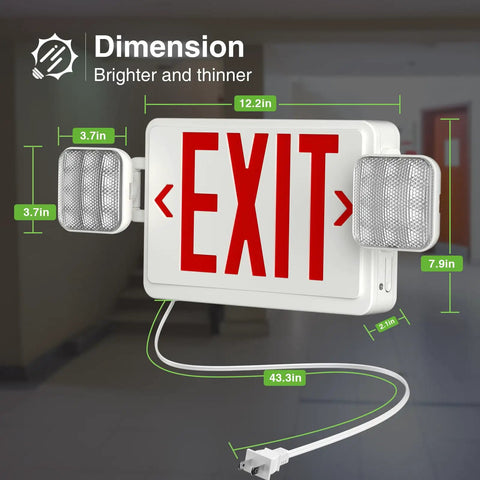 2 Pack Red Exit Signs With Emergency Lighting And 90 Minute Battery Backup, Built Tough Flame Resistant Shell, No Hassle Plug In Cord diagram with dimensions.