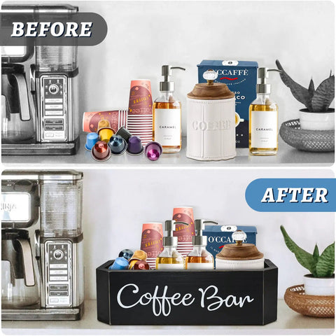 All In One Coffee Station Organizer For Countertops And Bar Accessories Holds K Cup Pods Syrups Black Finish Storage Bin Before After