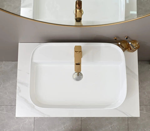 Top view of Dope 25.6 Inch Rectangle Vessel Sink With Pop Up Drain For Above Counter Installation In White Porcelain Ceramic Vanity