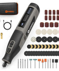 Hardell 4V cordless rotary tool with grey body, digital display, 80 accessories in case.