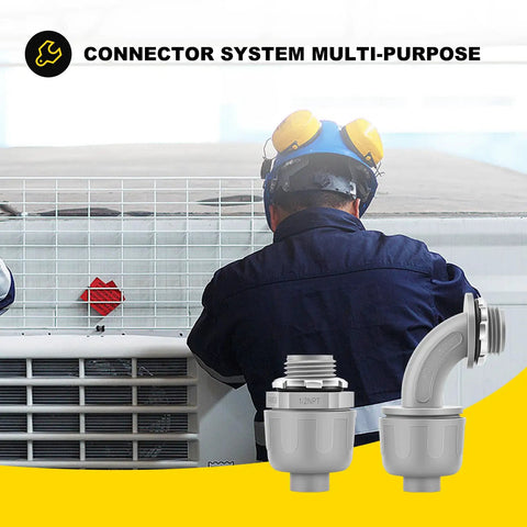 Heavy Duty 10 Pack 1 2 Inch Liquid Tight Connectors Npt Threads for Flexible PVC Electrical Conduit, shown with installation in view.