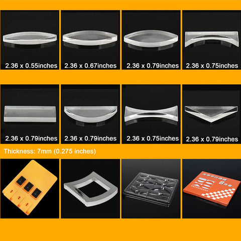 Optical Physics Experiment Kit components, including lenses and prisms, dimensions shown for school lab demos