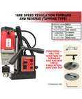 Heavy Duty Portable Magnetic Drill Press With Rock Solid Suction Base Adjustable Speed Forward And Reverse Rotary Hole Cutter Tapping Machine, featuring control panel and drill.