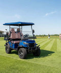 Rugged Off Road 4 Seater Electric Golf Cart With 5 Kw Motor And Hella Smooth Ride For Park Tours And Hotel Shuttles Featuring Fast Charging And Tons Of Trunk Room In Fresh Blue parked on a golf course with golfers.