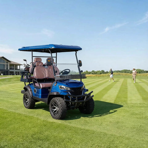 Rugged Off Road 4 Seater Electric Golf Cart With 5 Kw Motor And Hella Smooth Ride For Park Tours And Hotel Shuttles Featuring Fast Charging And Tons Of Trunk Room In Fresh Blue parked on a golf course with golfers.