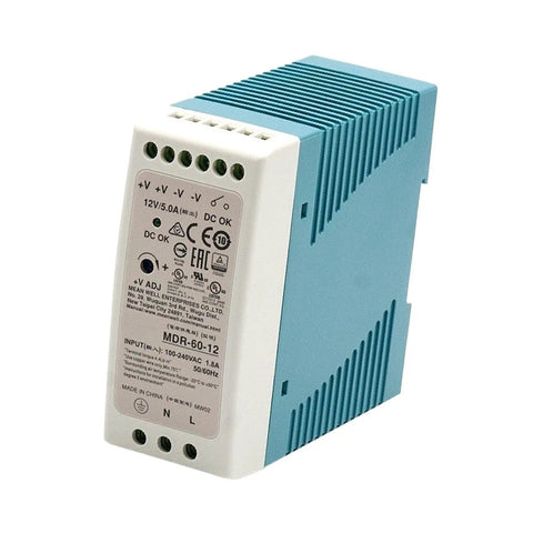 Straight Up Industrial Grade Switching Power Supply Delivering 12V At 5A For Led Arrays Telecom Rigs And Control Panels With Badass Efficiency And Rock Solid Universal AC Input, compact design with blue heat sink.