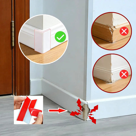 Thickened White Self Adhesive Rubber Corner Protectors Set Of 4 Cushioned Guard Strips for baseboard corner protection shown in image.