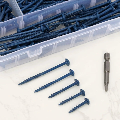 Exterior Pocket Hole Screws Kit With One Hundred Pieces Size Eight By One Inch Wood Screws Blue Anti Rust Coating Coarse Thread