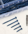 100-Piece Exterior Pocket Hole Screws Set, Size 8 X 2 Inch, Blue Anti Rust Coating screws and drive bit in plastic box