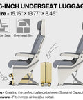 Graphic showing Underseat Carry-On Luggage 16 Inch Hardside PC Suitcase With Spinner Wheels fitting under airplane seat