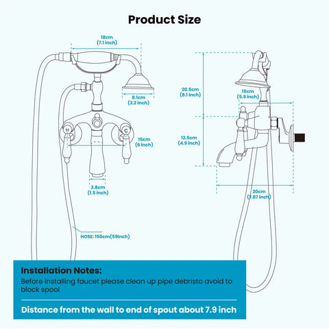 Diagram of Antique Brass Clawfoot Bathtub Faucet With Wall Mount Handheld Shower Set Double Lever Handle 6 Inch Center Adapter