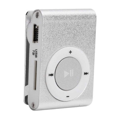 Silver Two Pack Portable Clip On MP3 Players with control buttons, USB, and SD card slot, aluminum alloy body, lightweight, durable.